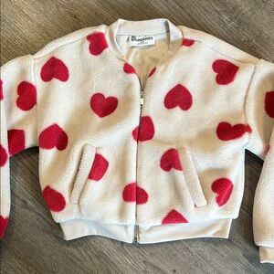 No Boundaries Heart Print Teddy Fleece Bomber Jacket Cream Red Valentine Cozy M